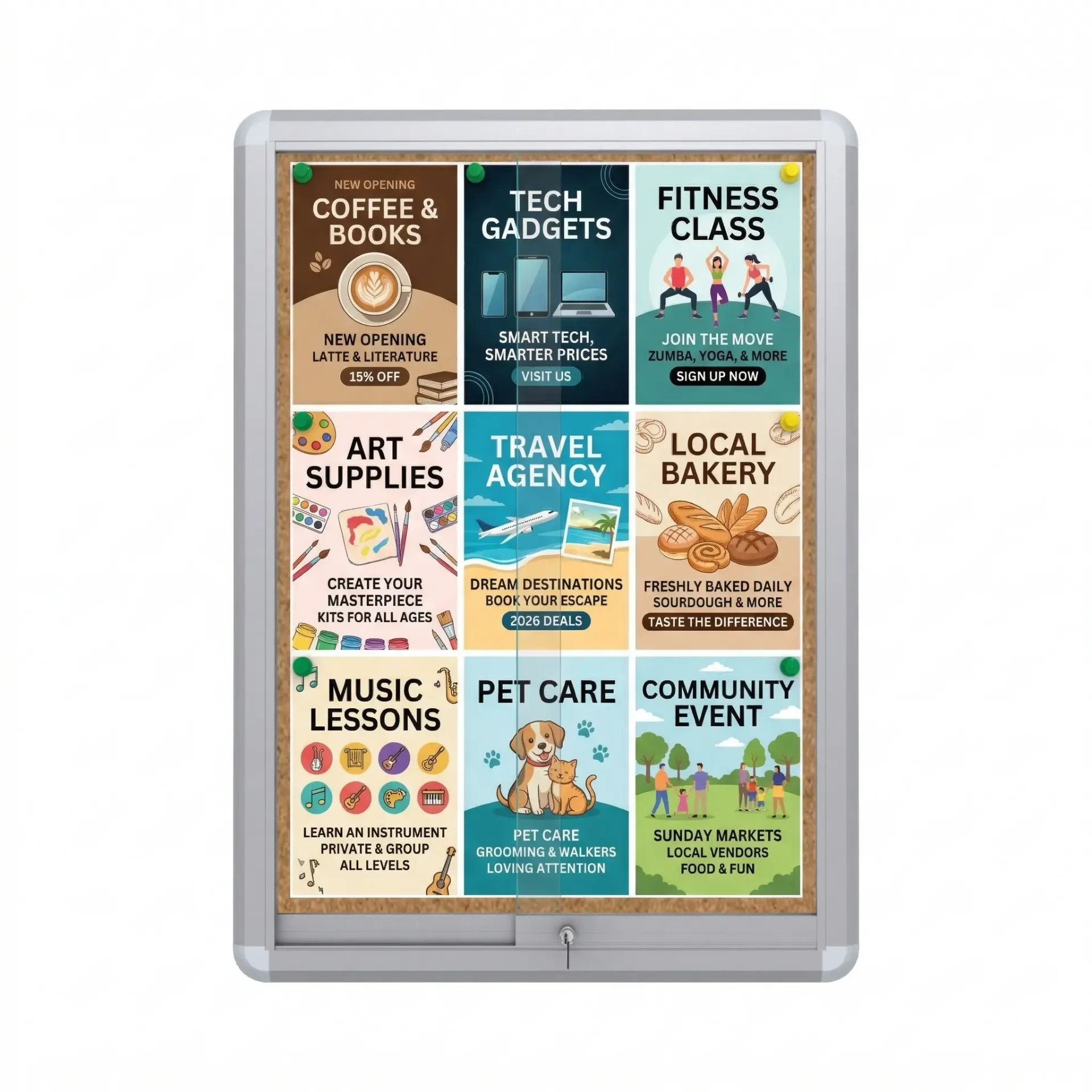 Tekerlekli Sürgülü Kapak İlan Dolabı “Mantar Zeminli”